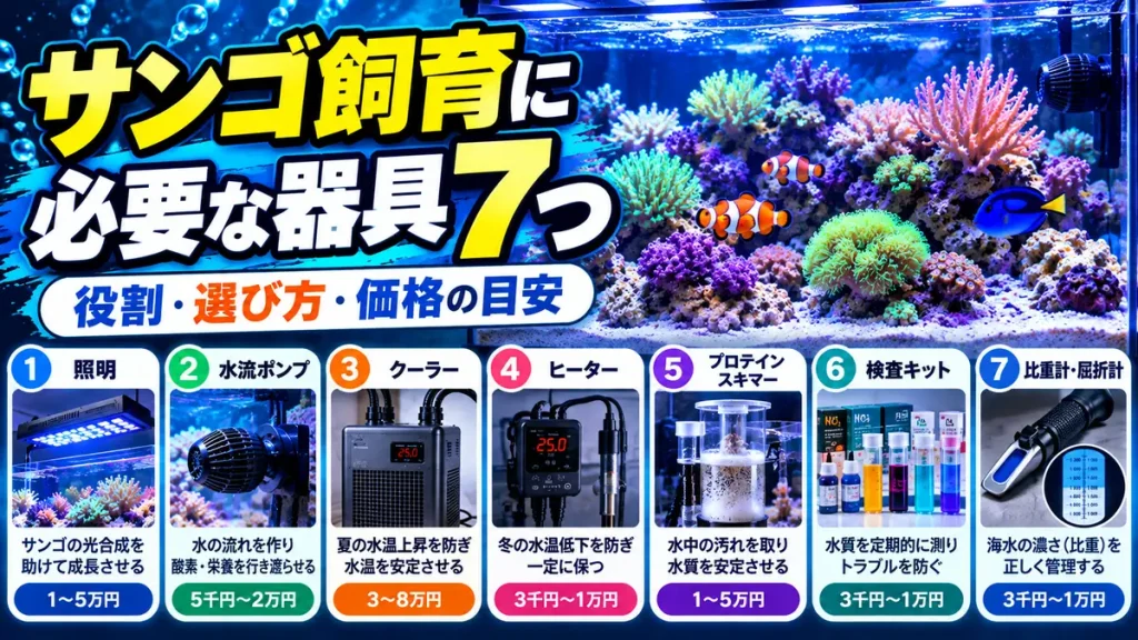 サンゴ飼育に必要な器具7つ（照明・水流ポンプ・クーラー・ヒーター・プロテインスキマー・検査キット・比重計）を、サンゴ水槽の写真と価格の目安つきで紹介する画像